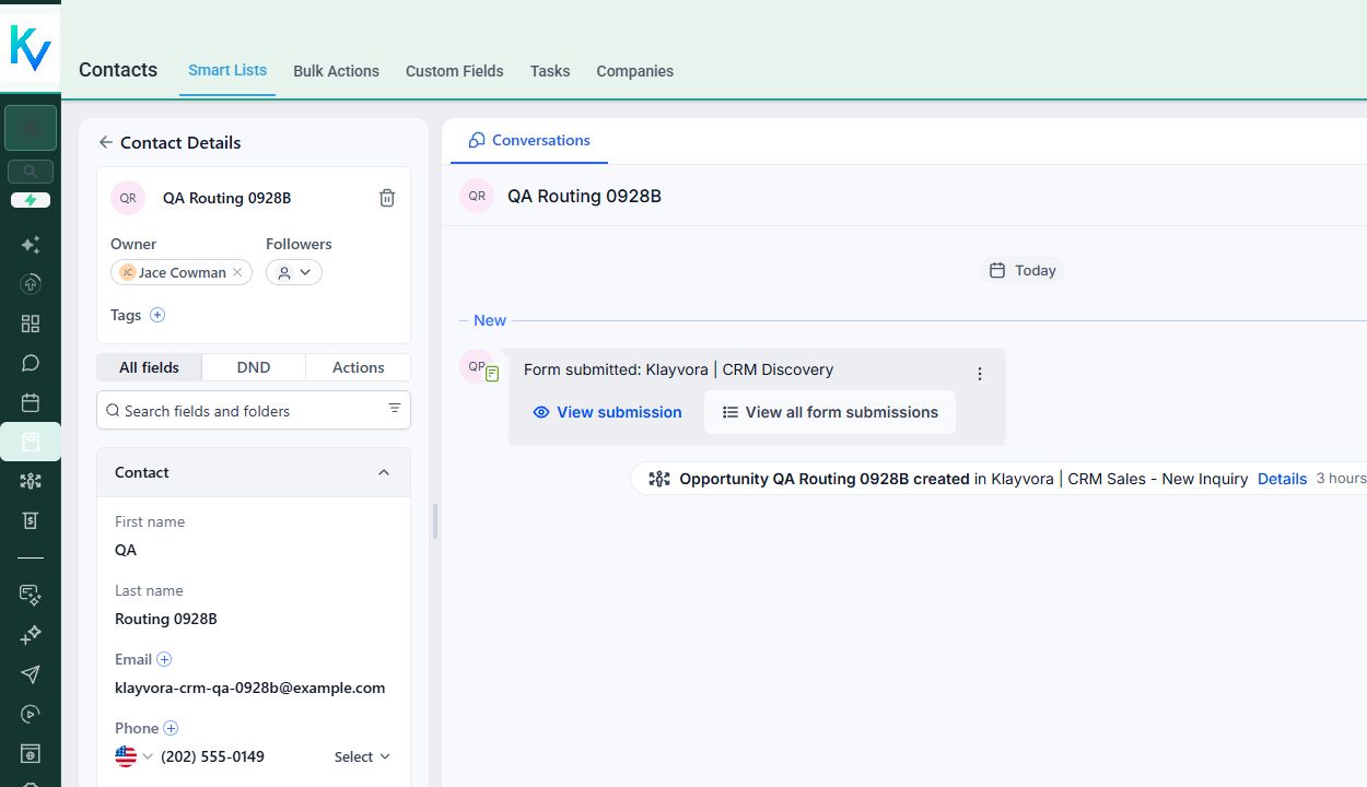 Actual Klayvora CRM inquiry activity showing a synthetic contact, owner assignment, and created opportunity