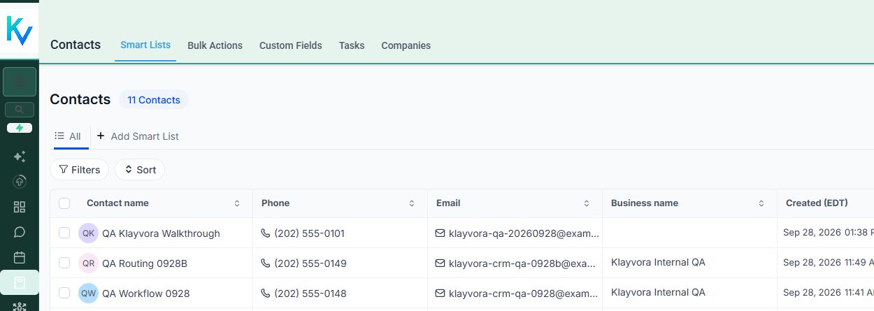 Klayvora CRM contact list containing synthetic QA records