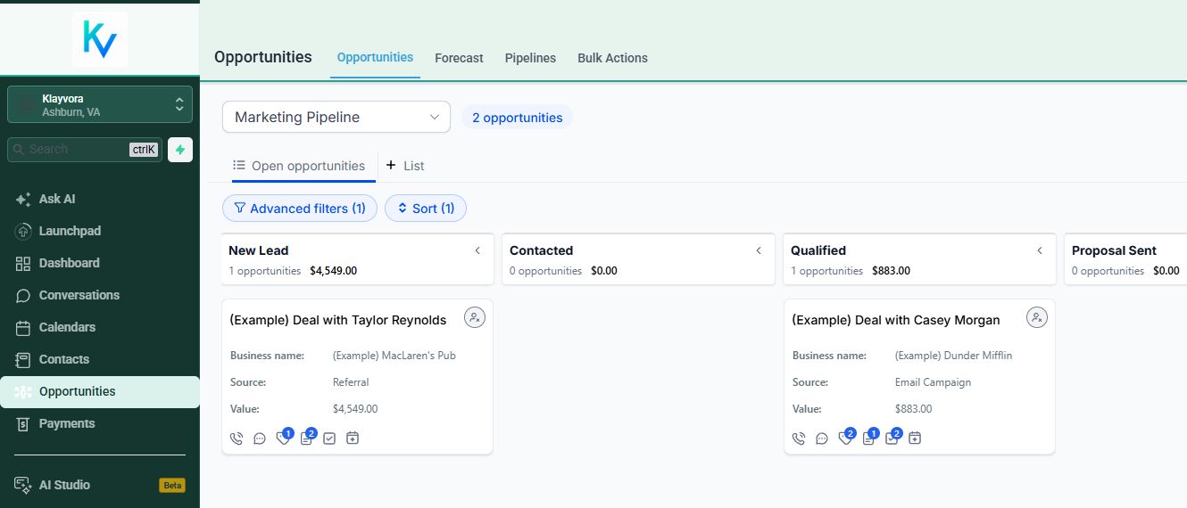 Actual Klayvora CRM opportunity board with example deals