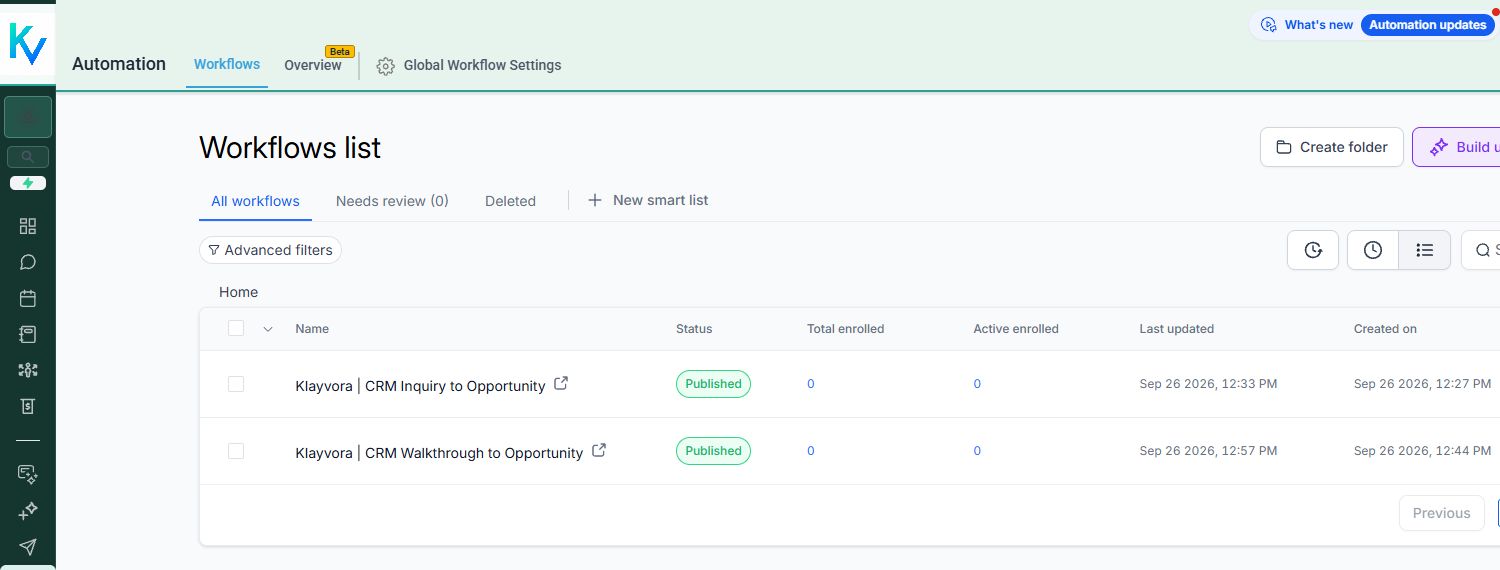 Klayvora CRM workflow list with sample inquiry automations
